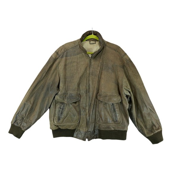 VTG Members Only Brown Leather Top Gun Bomber‎ Jacket 1X Light Distressed